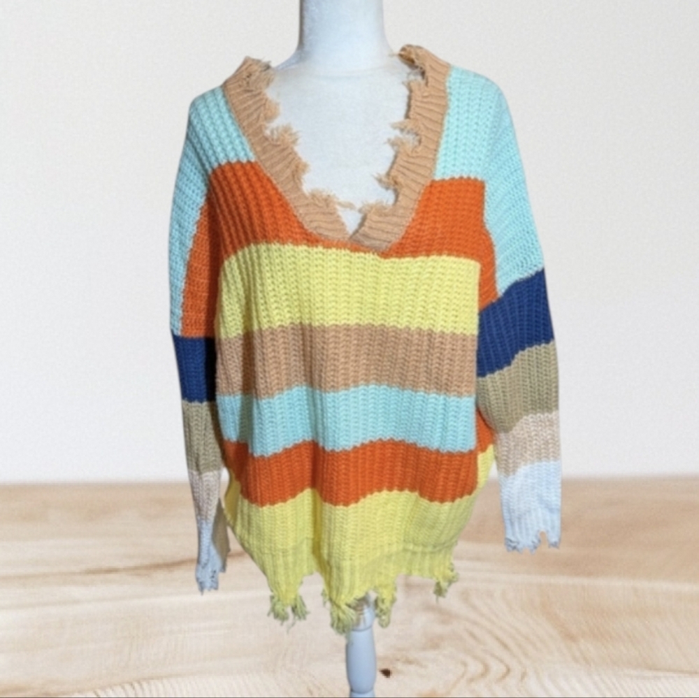 New Striped Sweater Relaxed Citeus Orange/Tan/ Blue NWT Sz M/L